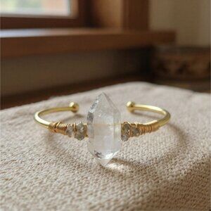 Herkimer Diamond Wire Wrap Cuff 14Kt Gold Over Copper Clarity Talisman Handmade